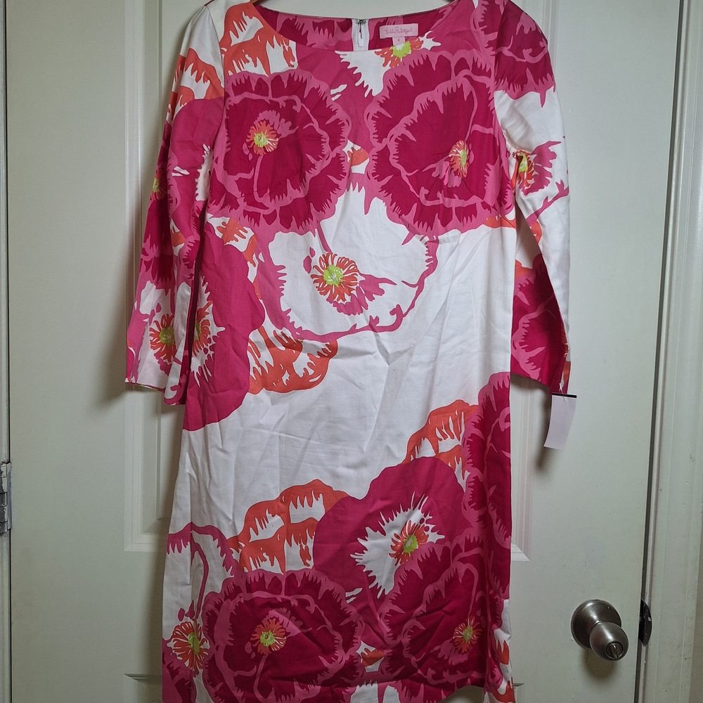 Lilly Pulitzer Milly Shift Dress Pink Perfect Poppy Floral 3/4 Sleeve Size Small - Picture 3 of 6